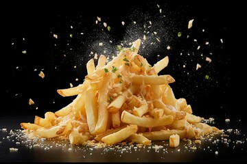 French fries with salt exploding isolated on black background