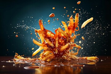 French fries with salt and sauce explode flying in the air. Food photography concept - Powered by Adobe