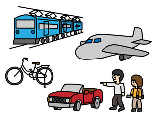旅行に行くカップルと乗り物のイラストセット