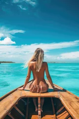 Photo sur Plexiglas Zanzibar Back of woman on front of wooden boat in the Maldives. Generative AI