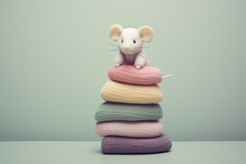 Colourful mouse doll on towels on a clean background