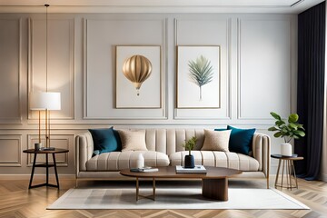 Fototapeta premium Warm and cozy luxury apartment living room interior with mock up poster frame, beige sofa, wooden consola, patterned pillow, stylish lamp