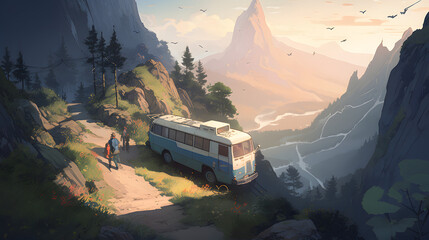 自由と冒険のキャンピングカー：美しい山道のシーン No.013 | Freedom and Adventure: Camper Van Scene on Scenic Mountain Road Generative AI