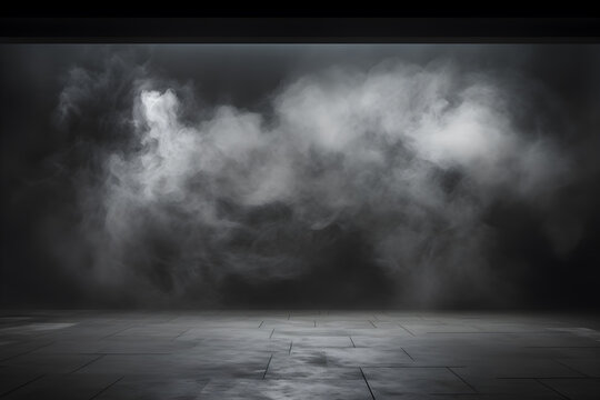 dark room concrete floor with smoke mist or fog, in the style of minimalist background, modern interior concept, AI generate