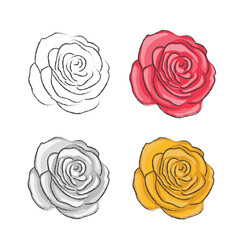 Red Rose hand drawn style vector flowers with line art illustration