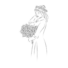 Hand drawn woman fashion illustration girl with flowers line art