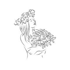 Hand drawn woman fashion illustration girl with flowers line art
