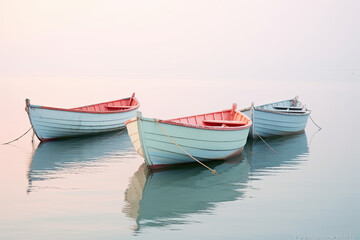Naklejka na ściany i meble Colorful retro vintage boats on a calm water