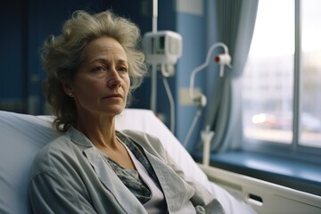 Sad serious Sick old lady lying at a hospital bed
