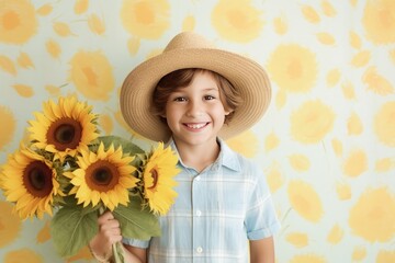 A young boy holding a bunch of sunflowers