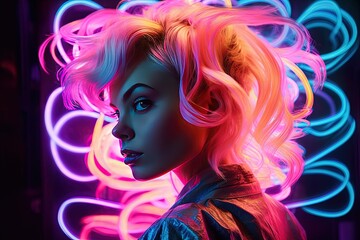 Obraz na płótnie Canvas A woman with pink hair standing in front of neon lights