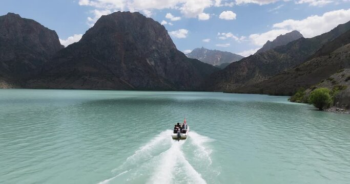 Speedboat Leaving Wake In The Iskanderkul Lake In Sughd, Tajikistan. - aerial