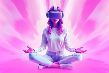 A woman sitting in a lotus position wearing a virtual reality headset