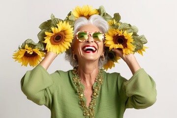 An older woman with sunflowers on her head