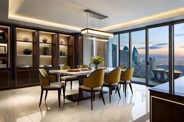 Premium luxury penthouse dining room with marble table and chairs