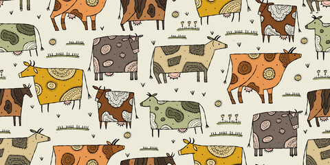 Stylish Ethnic Cows family on meadow. Seamless pattern background. Vector Illustration - 628328105