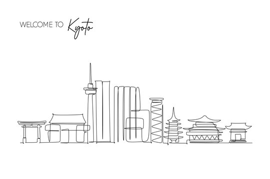 Continuous Line Drawing of Kyoto Japan Skyline for tourism and Travel Destination concept design element