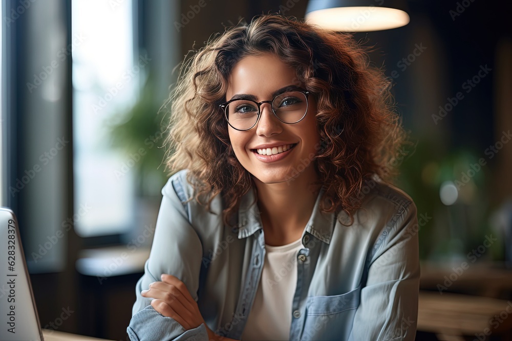 Wall mural A woman with glasses sitting in front of a laptop