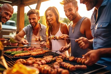A group of people grilling food on a grill - obrazy, fototapety, plakaty