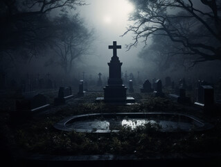 Illustration of a graveyard at full moon. Creepy picture for Halloween. Eerie graveyard scenes. Eerie cemetery.