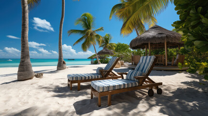 Empty lounge chairs with umbrellas on white sand beach in hot summer day. Generative AI