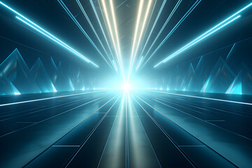 abstract blue rays light shining out of large open space background, AI generate