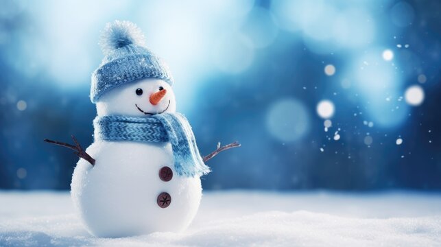 Snowman, winter background with space for copy. Generative AI