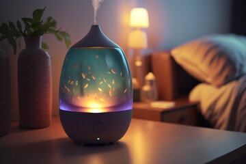 Generative AI. Aroma oil diffuser lamp on a blurred background. Aroma oil diffuser on table against in minimalist bedroom. ultrasonic technology that freshens the air in homes - obrazy, fototapety, plakaty