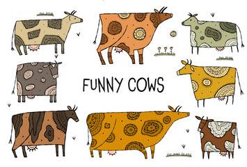 Stylish Ethnic Cow collection of icons set. Vector illustration