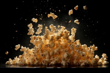 Flying caramel popcorn on black background Food photography concept