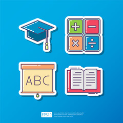 Graduation toga hat, calculator, whiteboard, open book. knowledge and education flat sticker icon. science and school vector illustration