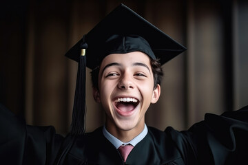 Teenager boy rejoicing after graduating, wearing black tunic and cap on head, his looking is joyful and winner. Generative AI