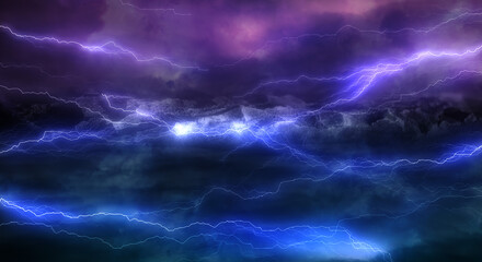 暗く厚い雨雲に走る雷、稲妻の背景　嵐・台風・豪雨・大雨・邪悪・不穏・ヘビーメタルのイメージ