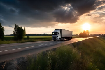 white truck driving on the asphalt road in rural landscape with dramatic cloud at sunset
