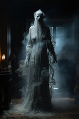 Halloween character in a haunted mansion like a ghost in dark atmosphere - obrazy, fototapety, plakaty