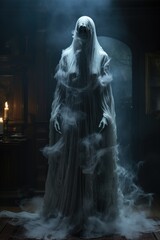 Halloween character in a haunted mansion like a ghost in dark atmosphere