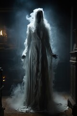 Halloween character in a haunted mansion like a ghost in dark atmosphere