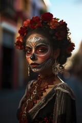 Fototapeta na wymiar woman catrina with sugar skull makeup over halloween costume