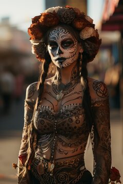 woman catrina with sugar skull makeup over halloween costume