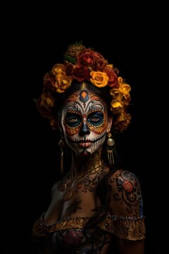 woman catrina with sugar skull makeup over halloween costume