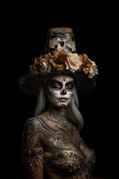 woman catrina with sugar skull makeup over halloween costume