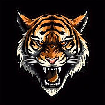  Tiger's head with open mouth on dark background. 