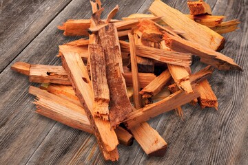 pile of palo santo wood chips on desk