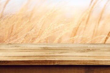 Blank wooden table over wheat field background.