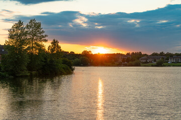 Furzton lake panorama at sunset in Milton Keynes. England	