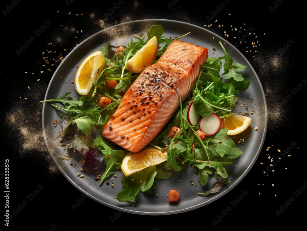 Wall mural salmon steak with vegetables