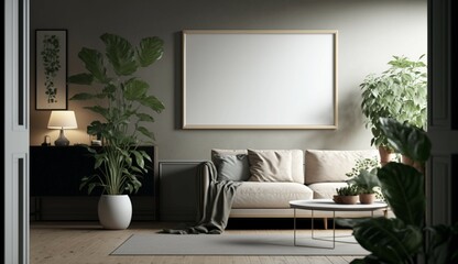 living room with a blank empty painting frame on a wal Generative Ai