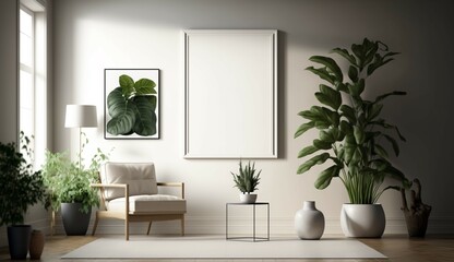 living room with a blank empty painting frame on a wal Generative Ai
