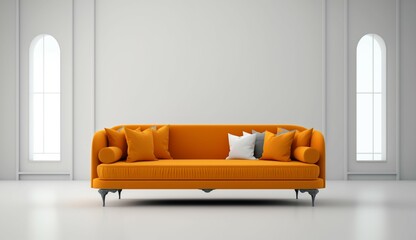 mockup big empty white wall orange couch reality UHD Generative Ai