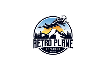 Vintage airplane logo design template. Retro grunge airplane nature explorer flight symbol